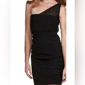 NWT CYNTHIA STEFFE Black MESH ILLUSION One Shoulder Ruched Size XS